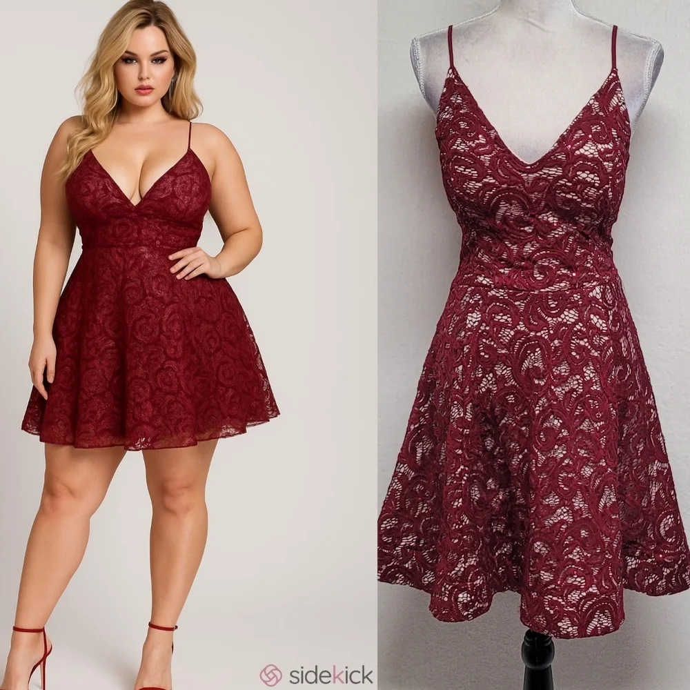 My Michelle Vintage Y2K Crimson Paisley Floral Lace Plunging Neckline Mini Dress